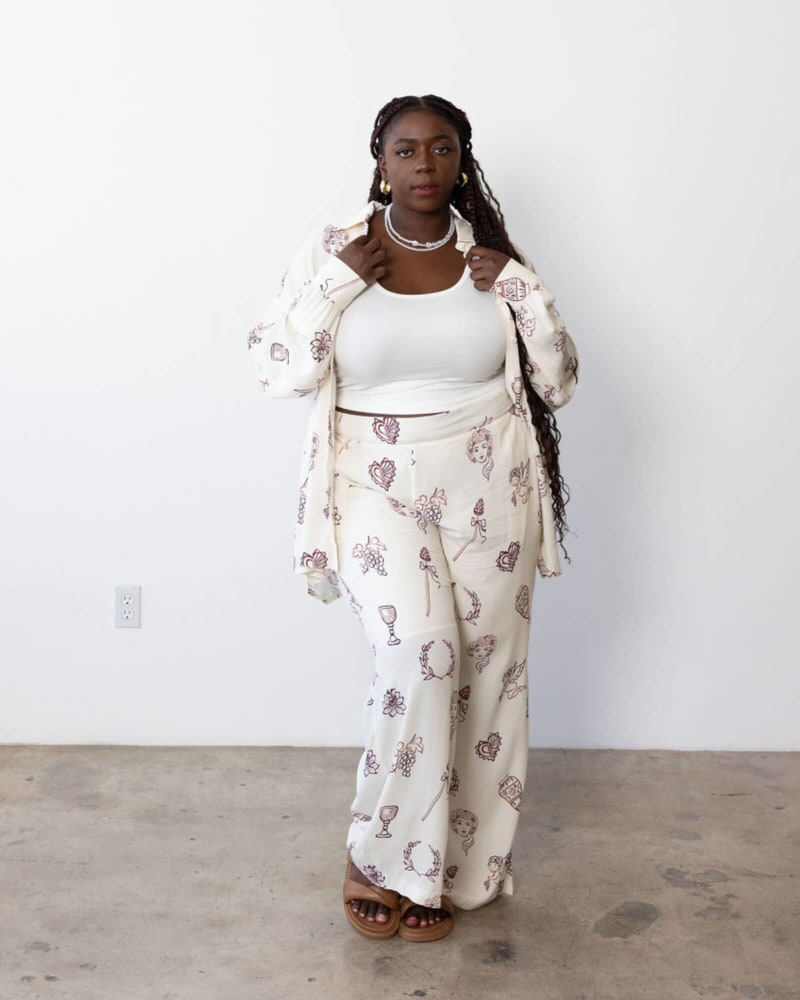 Front of a model wearing a size 2 Adele Pant Wide Leg Pant in Cherub Print by Dani Marie. | dia_product_style_image_id:312320
